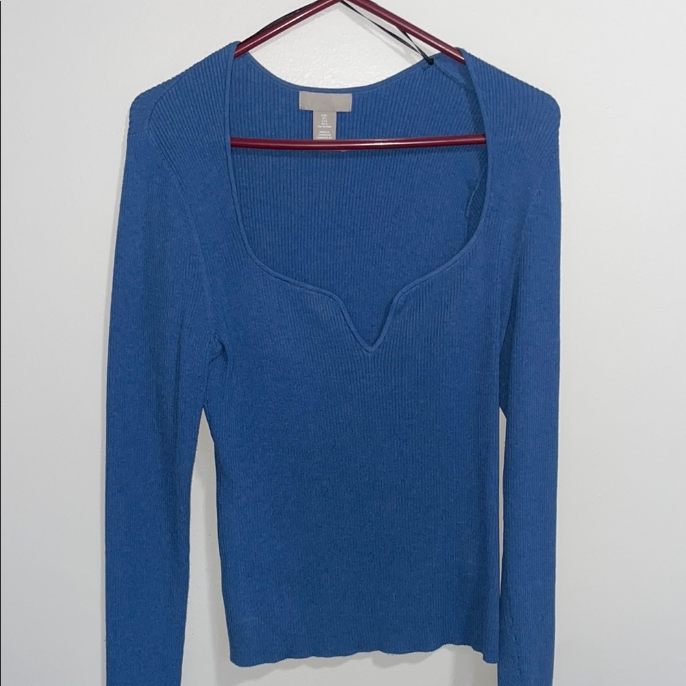 Blue Ribbed Knit Sweater Shirt